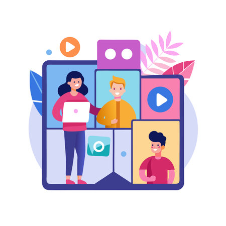 Online meeting with participants in video conference, online communication concept in flat vector artのイラスト素材