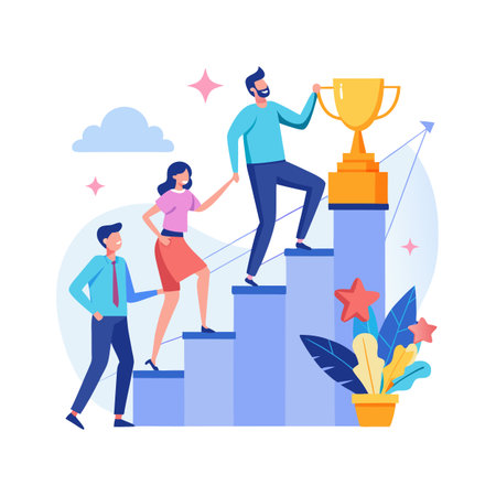 Teamwork and achievement vector illustration: People climbing stairs to reach a golden trophyのイラスト素材