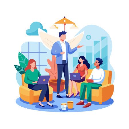 Team Meeting in Creative Office Space with Leader Presenting Strategy, Flat Vector Illustrationのイラスト素材
