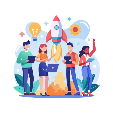 Diverse team launching a rocket, illustrating teamwork, innovation and start-up success in a flat styleのイラスト素材