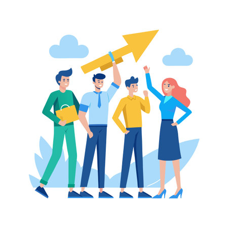 Teamwork and Growth: Business team celebrating success with upward arrow in flat design illustrationのイラスト素材
