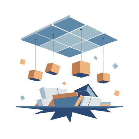 Abstract geometric illustration of suspended squares and scattered boxes with cracked ground, modern designのイラスト素材