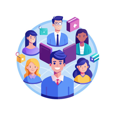 Diverse Team in a Flat Vector Style Global Network Illustrating Connectivity and Collaborationのイラスト素材