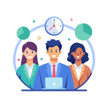 Diverse business team illustration showing teamwork and project management within deadline in vector style.のイラスト素材