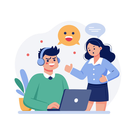 Customer service team with happy and satisfied expression working on technical assistanceのイラスト素材