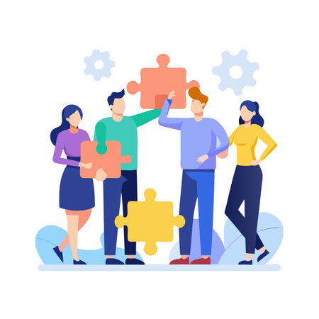 Teamwork and Problem Solving: Diverse Team Assembling Puzzle Pieces for Business Successのイラスト素材