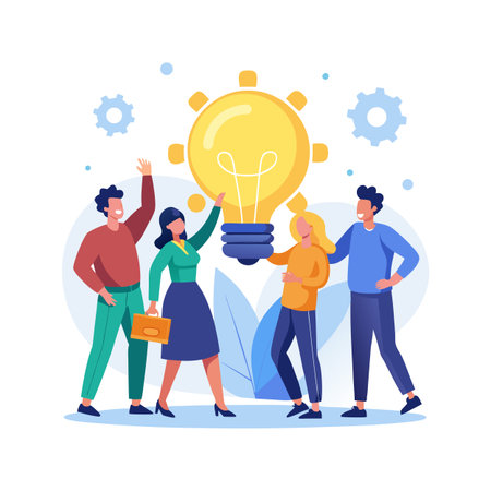 Team Collaboration on a Bright Idea: Flat Vector Illustration of Diverse Professionalsのイラスト素材