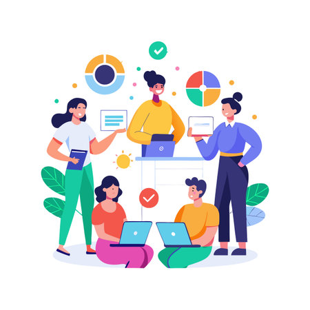 Teamwork and Data Analysis: A Collaborative Business Meeting Illustrated with Flat Vector Graphicsのイラスト素材