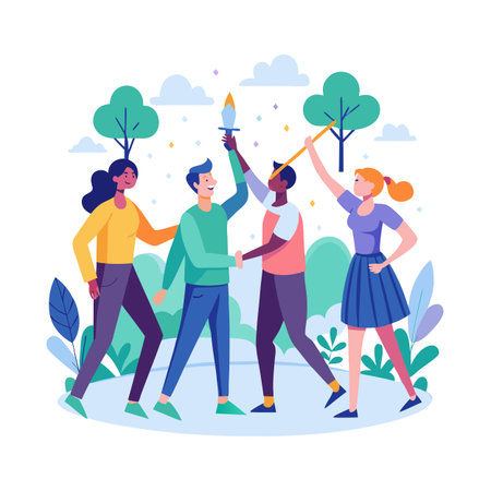 Diverse group of friends celebrates together with a torch in a stylized vector design.のイラスト素材