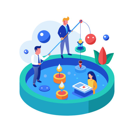 Isometric Illustration of Businesspeople Fishing for Opportunities in a Competitive Environmentのイラスト素材