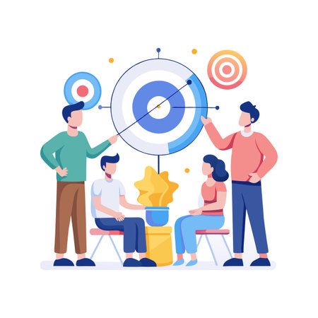 Team Discussing Data Analysis and Business Strategy Around a Central Circular Chartのイラスト素材