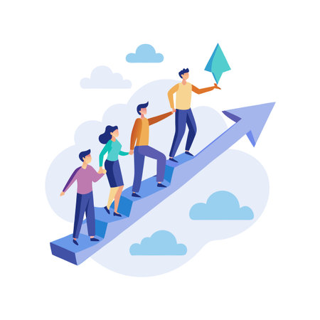 Teamwork and Growth: People Climbing an Arrow Staircase to Success and Achievementのイラスト素材