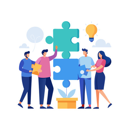 Creative Team Collaboration: People Connecting Jigsaw Puzzle Pieces, Illustrating Innovation and Teamworkのイラスト素材
