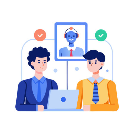 Business meeting online communication flat illustration with two persons and technical support characterのイラスト素材