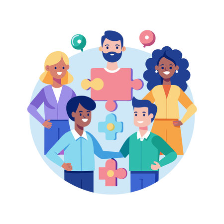Diverse team connecting puzzle pieces symbolizes teamwork and collaboration in a flat vector illustrationのイラスト素材