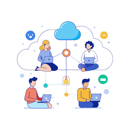 Team Collaboration in Cloud Network: Illustration of interconnected people working on laptops connected to a cloud serverのイラスト素材
