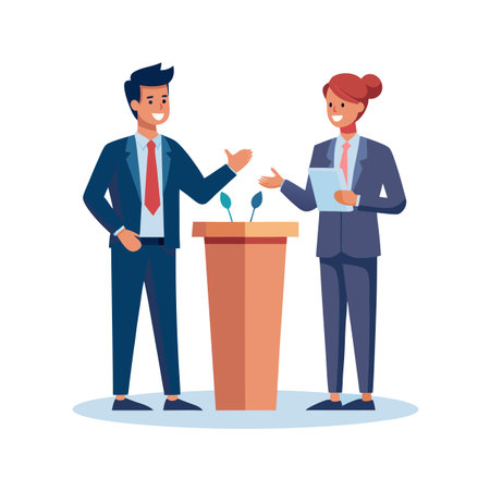 Business presentation with two people and podium on white background for graphic designのイラスト素材