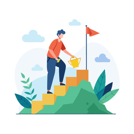 Man climbing stairs towards success flag holding golden trophy, vector flat illustrationのイラスト素材