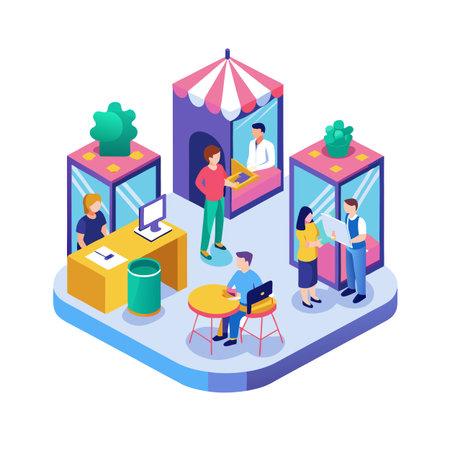 Isometric Illustration of People Interacting in a Modern Marketplace Environmentのイラスト素材