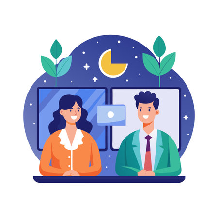Online Video Call with Colleagues: Flat Vector Illustration of Team Collaborationのイラスト素材