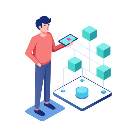 Isometric illustration of a man using a tablet to manage a network of connected data cubesのイラスト素材