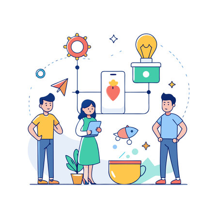 Creative business teamwork illustration showing designers working on mobile app development and brainstorming ideasのイラスト素材