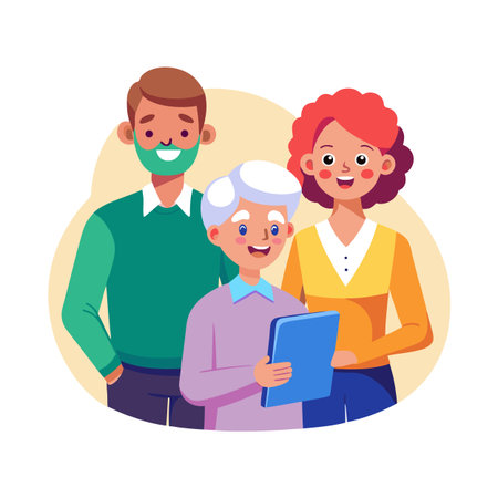 Flat illustration of a happy diverse family standing together, smiling and looking forward with hope.のイラスト素材