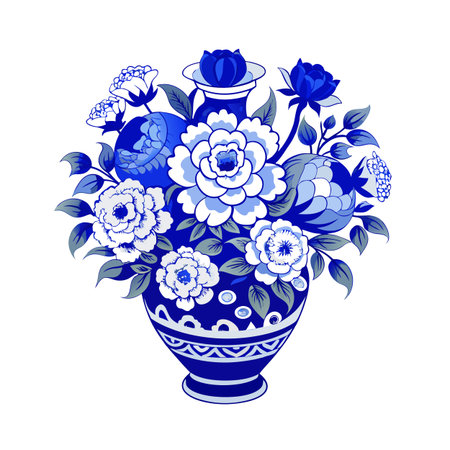 Elegant blue and white floral arrangement in decorative vase reminiscent of Delftware styleのイラスト素材