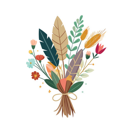 Whimsical floral and feather bouquet illustration featuring pastel colors and a rustic tieのイラスト素材