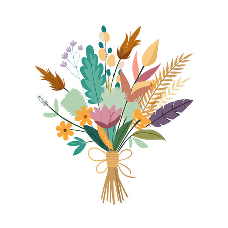 Charming bouquet illustration with diverse flowers and leaves, tied with a natural string, vector artのイラスト素材