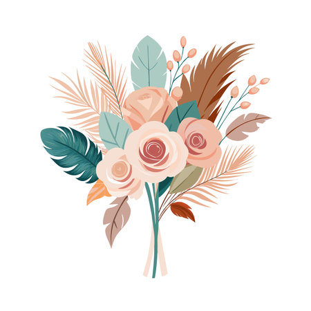 Elegant floral bouquet illustration with muted peach roses and tropical leaves arrangementのイラスト素材
