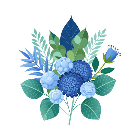 Floral bouquet illustration with blue and green leaves on a white background artのイラスト素材