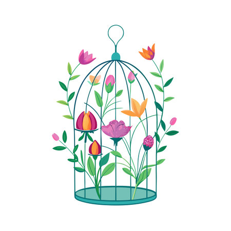 Floral Arrangement in a Birdcage: A Symphony of Spring Colors and Delicate Designのイラスト素材