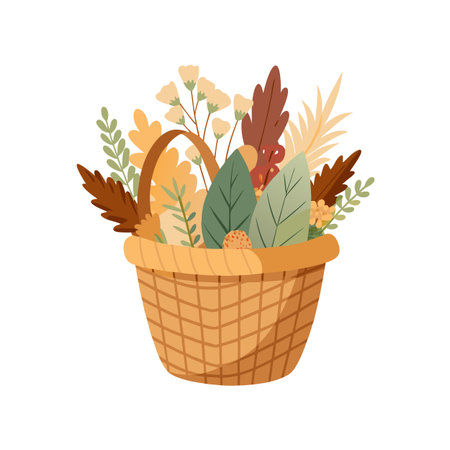 Wicker basket arrangement filled with muted autumn leaves, decorative flowers, and ornamental dried plant elementsのイラスト素材