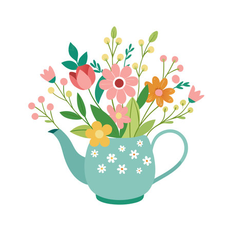 Floral Teapot Illustration with Colorful Flowers and Berries on a White Backgroundのイラスト素材