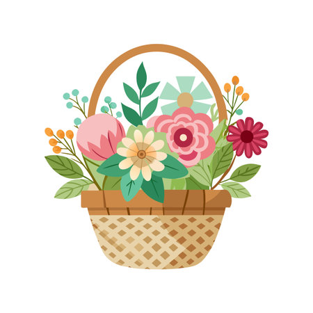Basket of Pastel Spring Flowers in a Charming Flat Design for Commercial Useのイラスト素材