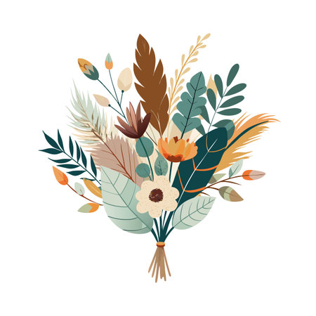 Elegant boho bouquet featuring flowers leaves and feathers perfect for weddings or bohemian designsのイラスト素材