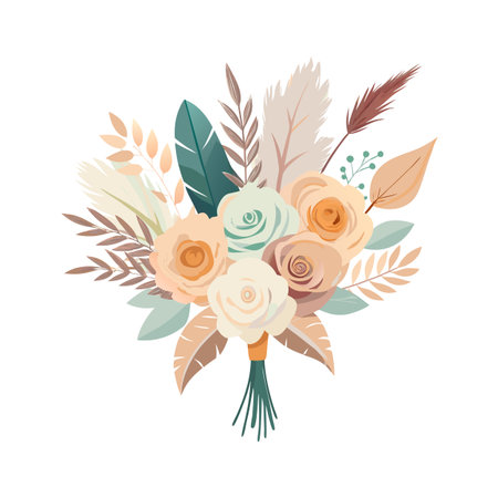 Pastel Colored Rose Bouquet with Feathers and Greenery on White Backdrop for Wedding Decorのイラスト素材