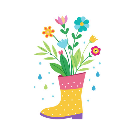 Cheerful springtime bouquet in a polka-dotted rain boot with rain drops illustrationのイラスト素材