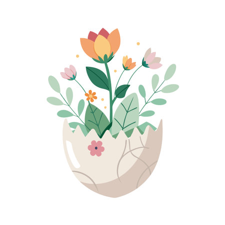Delicate spring flowers blooming inside a cracked eggshell, vector illustration, pastel paletteのイラスト素材
