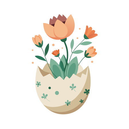 Charming vector illustration of spring flowers emerging from a cracked Easter eggshell potのイラスト素材