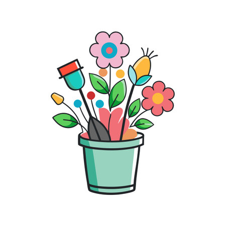 A colorful bouquet of stylized flowers in a light teal pot with black outlinesのイラスト素材