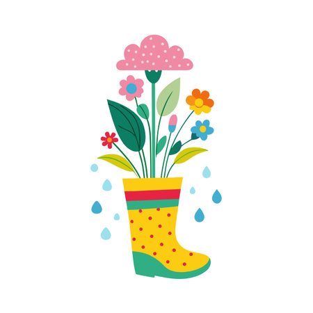 Cheerful yellow boot overflowing with colorful spring flowers and gentle rain dropsのイラスト素材