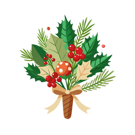 Festive holiday bouquet featuring holly, berries, pine sprigs, a mushroom and a tan ribbonのイラスト素材