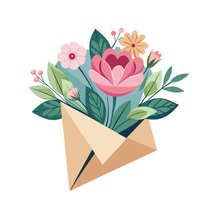 Envelope with Flowers and Leaves for Invitations and Greetings in Flat Styleのイラスト素材