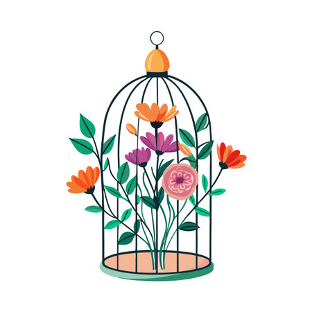 Decorative birdcage filled with a colorful assortment of blooming flowers and lush green foliageのイラスト素材