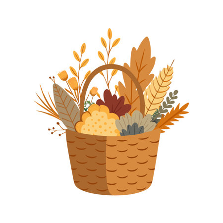 Autumn floral basket arrangement with fall foliage and flowers against white background illustrationのイラスト素材
