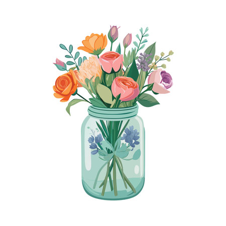 Pastel floral bouquet in a mason jar with soft light on a white backgroundのイラスト素材