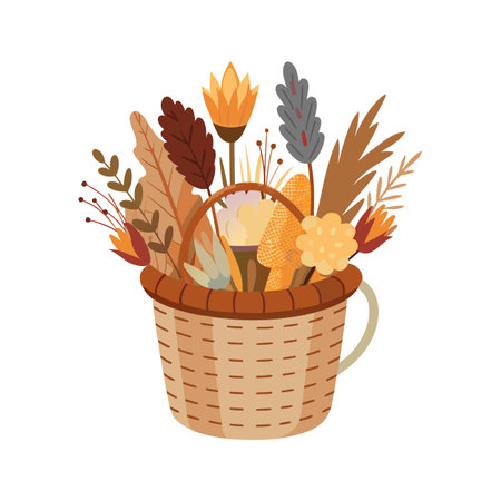 Autumn harvest basket filled with seasonal flowers leaves and decorative corn in warm tonesのイラスト素材