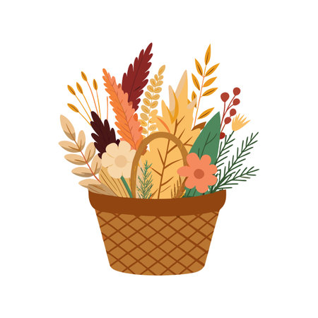 Fall flower basket with seasonal leaves and flowers, flat vector illustrationのイラスト素材